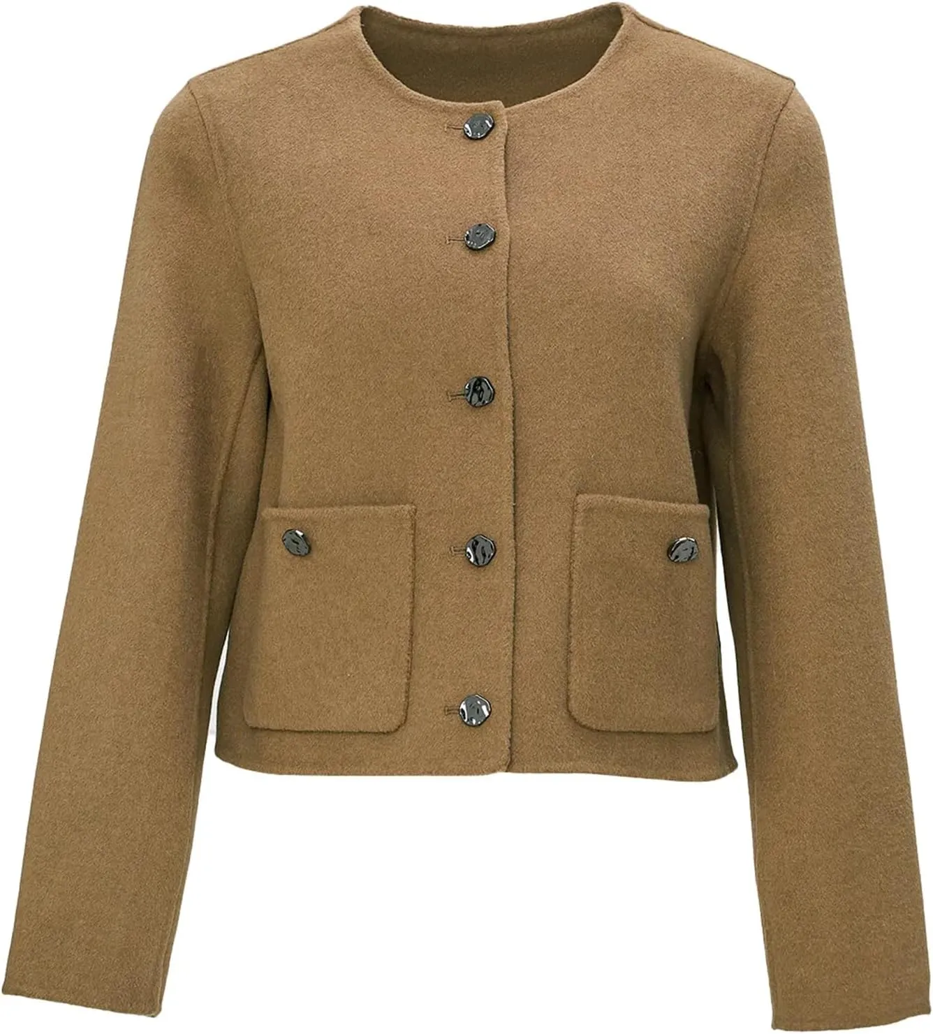 SDEER Women's Short Wool Blend Pea Coats Round Neck Long Sleeve Button Down Jackets Open Front Cropped Coat