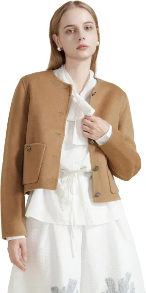 SDEER Women's Short Wool Blend Pea Coats Round Neck Long Sleeve Button Down Jackets Open Front Cropped Coat