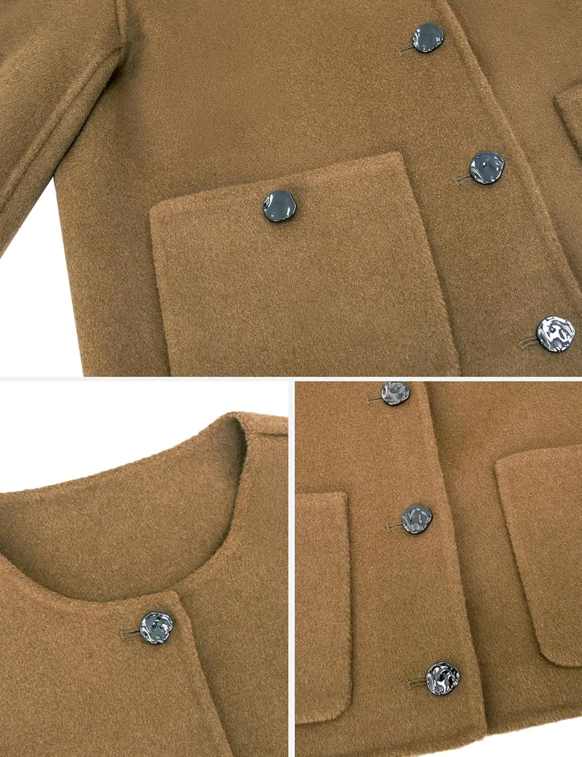 SDEER Women's Short Wool Blend Pea Coats Round Neck Long Sleeve Button Down Jackets Open Front Cropped Coat