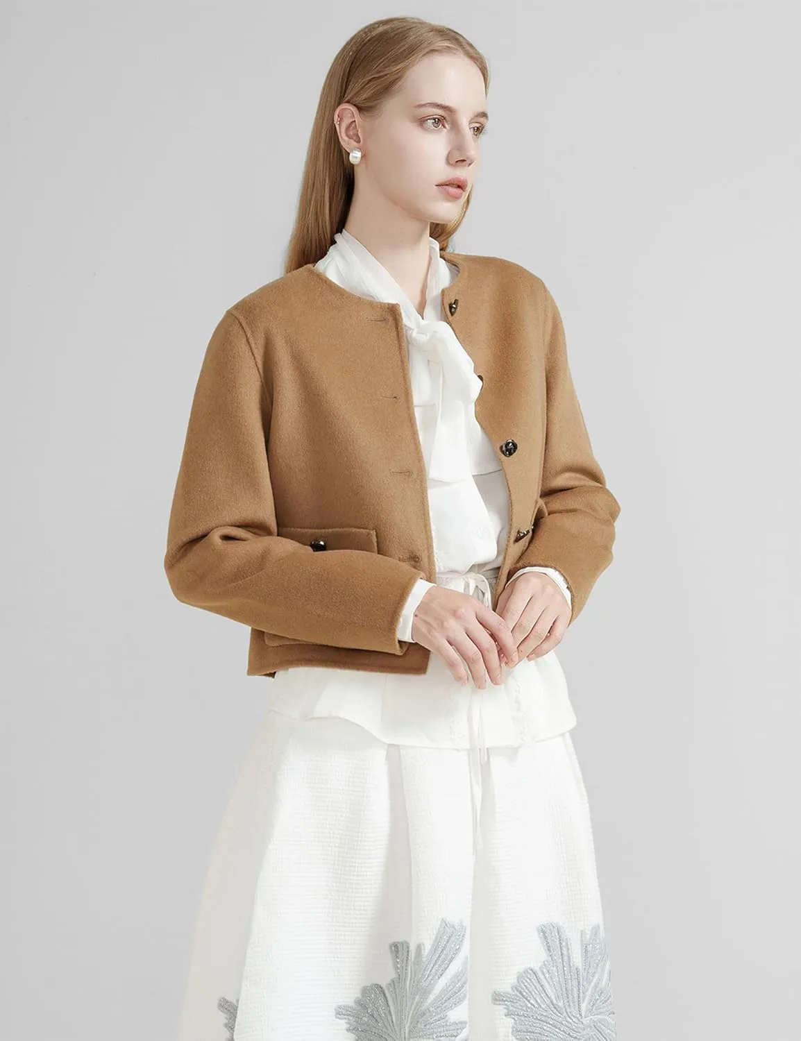 SDEER Women's Short Wool Blend Pea Coats Round Neck Long Sleeve Button Down Jackets Open Front Cropped Coat