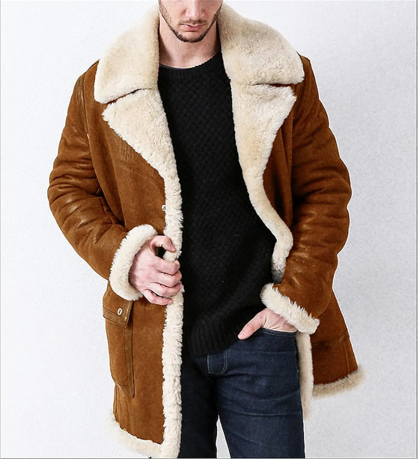 Sherpa Lined Jacket Men Suede Shearling Coat Faux Fur Leather Coats Sheepskin Thick Winter Coat Fur Collar Jacket