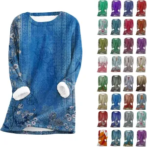 Sherpa Lined Sweatshirt Women Fleece Crewneck Shirts Long Sleeve Graphic Pullover Sweater Fall Thermal Thick Top