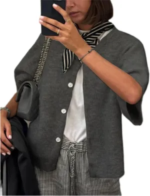 Short Sleeve Sweater Cardigans for Women Button Down Ribbed Knit Chunky Shirt Y2k Open Front Cardigan Sweaters Tops