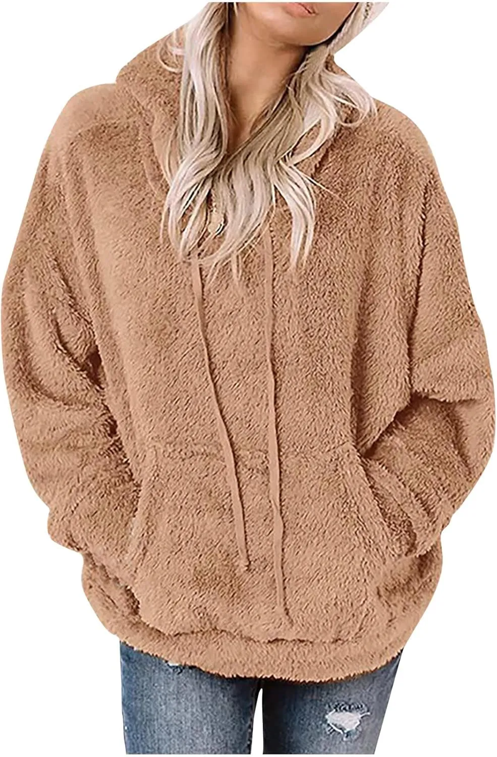 SMIDOW Women Casual Fuzzy Sweatshirt Faux Fleece Pullover Hoodies Cozy Oversized Pockets Hooded Sweatshirts Fall Fashion 2023