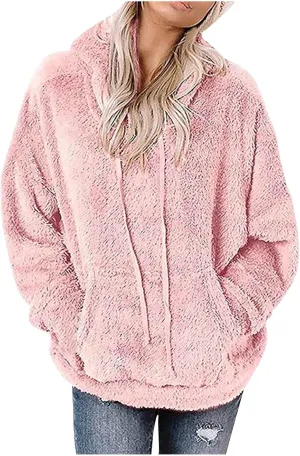 SMIDOW Women Casual Fuzzy Sweatshirt Faux Fleece Pullover Hoodies Cozy Oversized Pockets Hooded Sweatshirts Fall Fashion 2023