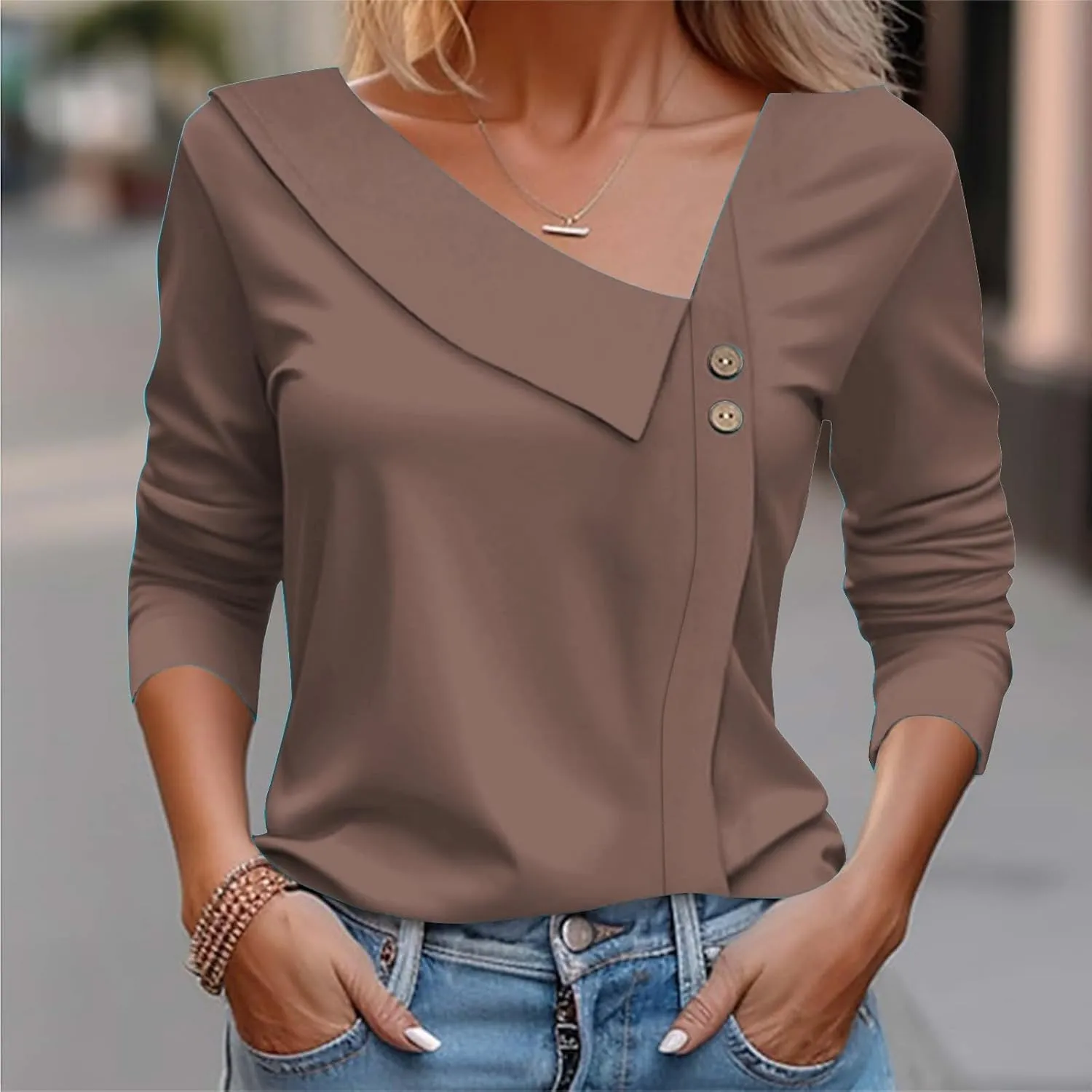 Spring Tops for Women Elegant Cozy Asymmetric Collared V Neck Blouses Dressy Work Casual Solid Color 3/4 Sleeve Shirt