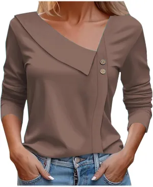 Spring Tops for Women Elegant Cozy Asymmetric Collared V Neck Blouses Dressy Work Casual Solid Color 3/4 Sleeve Shirt