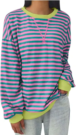 Striped Color Block Sweatshirt for Women Oversized Casual Crewneck Tops Long Sleeve Fleece Fashion Loose Fit Sweater
