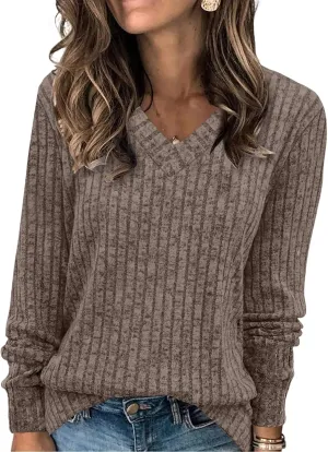 Sweaters for Women Long Sleeve V Neck Shirt Casual Lightweight Pullover Knitted Loose Tunic Tops Comfy Warm Top