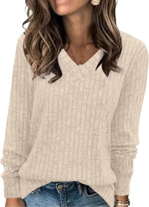 Sweaters for Women Long Sleeve V Neck Shirt Casual Lightweight Pullover Knitted Loose Tunic Tops Comfy Warm Top