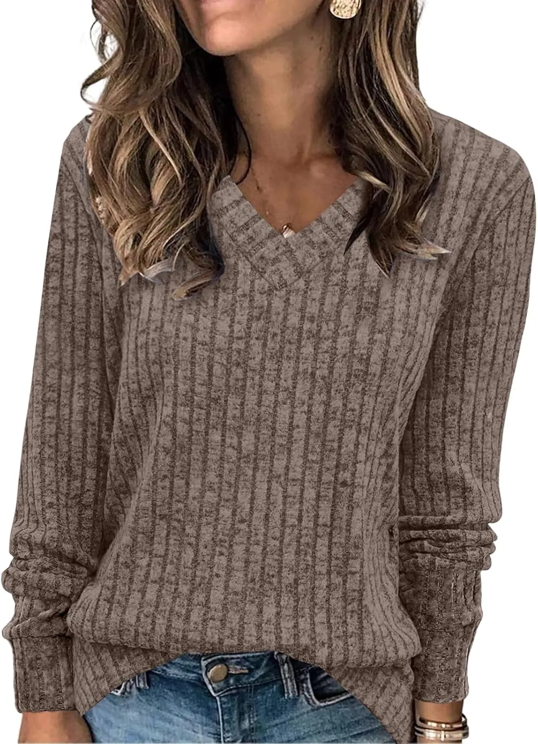 Sweaters for Women Long Sleeve V Neck Shirt Casual Lightweight Pullover Knitted Loose Tunic Tops Comfy Warm Top