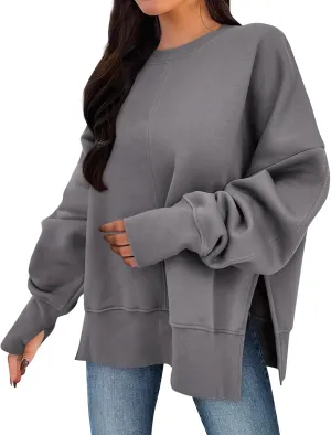 Sweatshirt for Women Crewneck Long Sleeve Shirts Fall Fashion Split Hem Lightweight Pullover Tops Oversized Sweater
