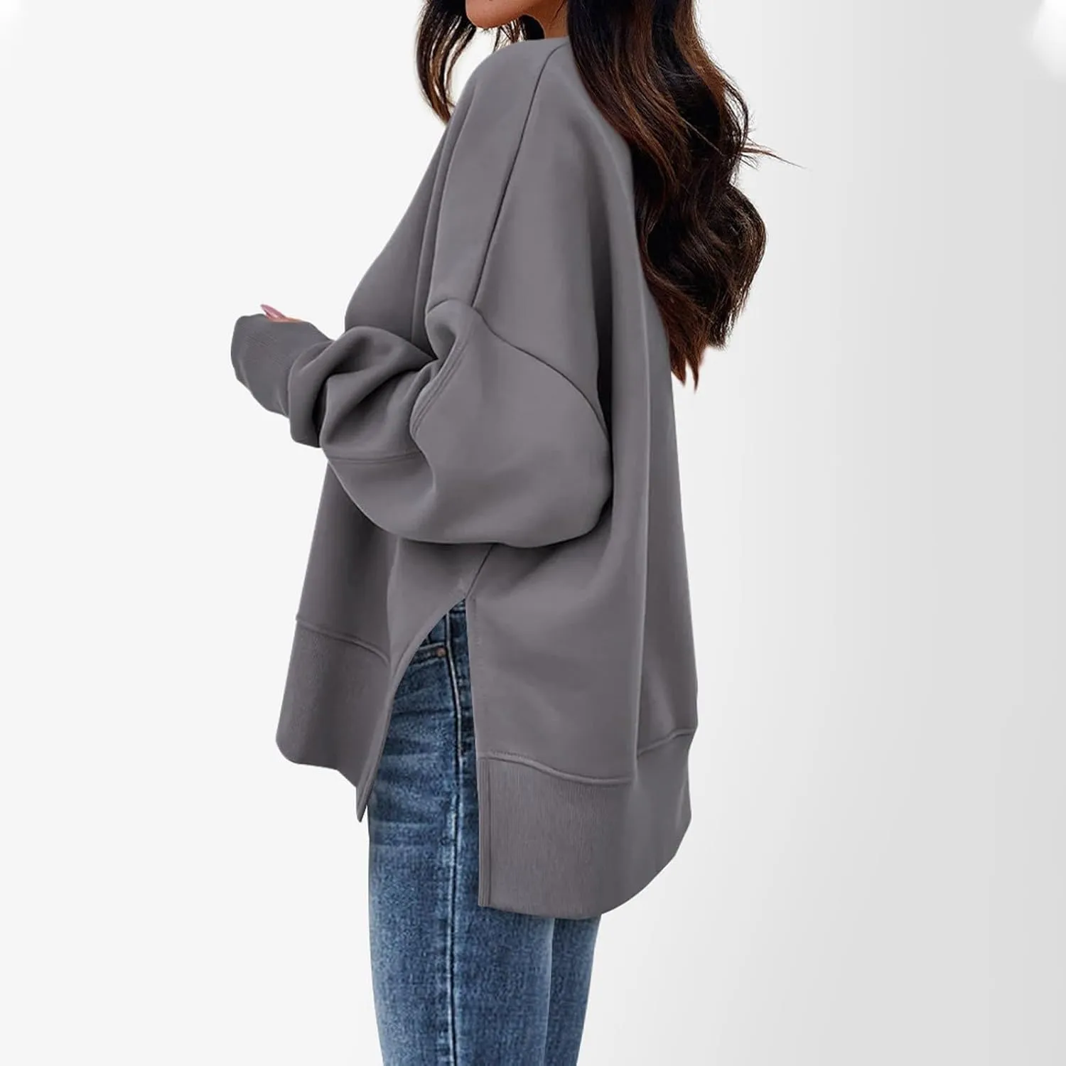 Sweatshirt for Women Crewneck Long Sleeve Shirts Fall Fashion Split Hem Lightweight Pullover Tops Oversized Sweater