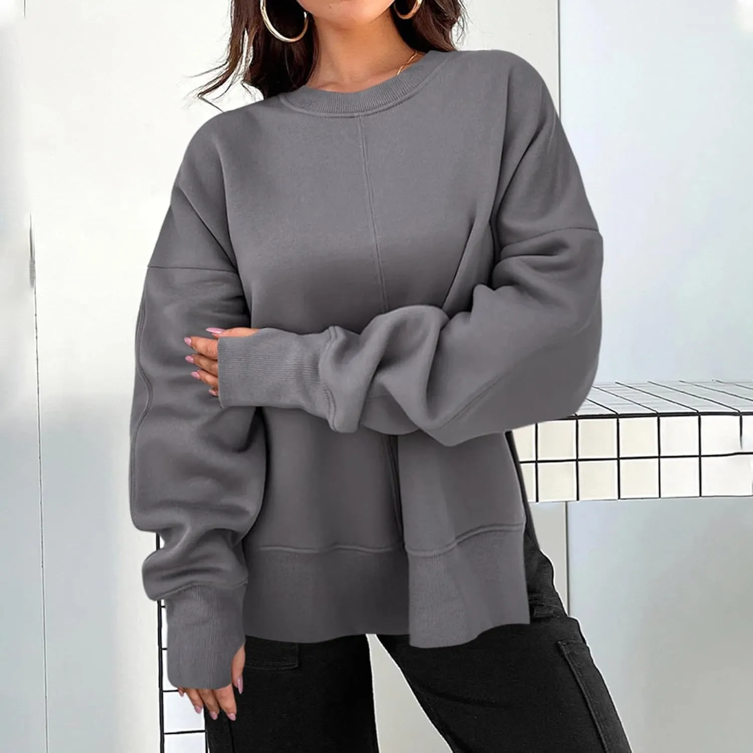 Sweatshirt for Women Crewneck Long Sleeve Shirts Fall Fashion Split Hem Lightweight Pullover Tops Oversized Sweater