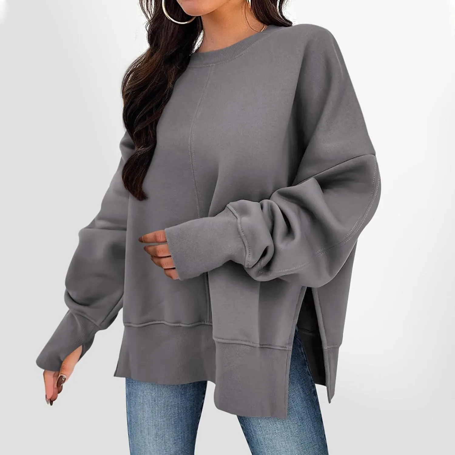 Sweatshirt for Women Crewneck Long Sleeve Shirts Fall Fashion Split Hem Lightweight Pullover Tops Oversized Sweater