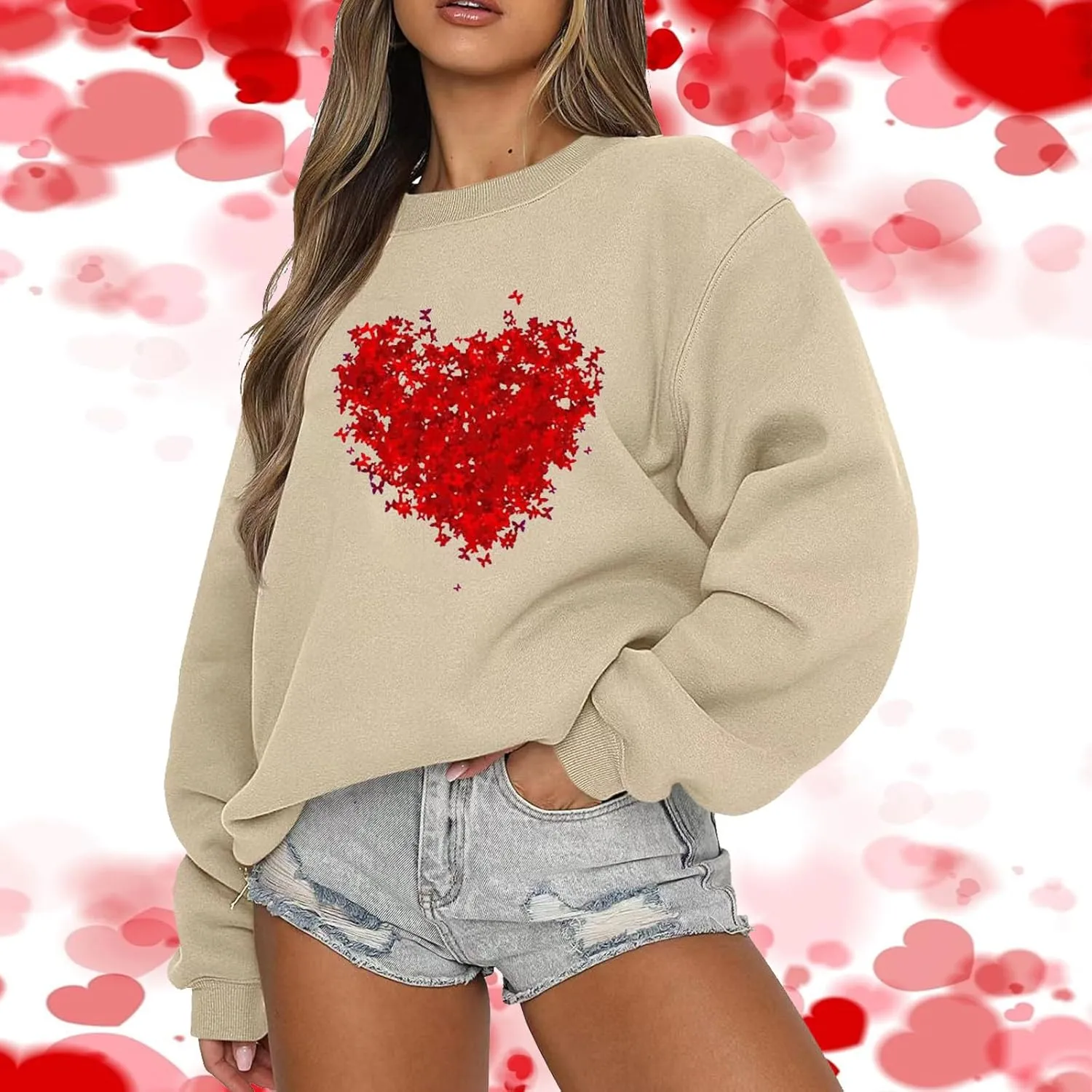 Sweatshirt for Women Trendy Oversized Love Heart Print Crewneck Casual Long Sleeve Sweater Fleece Fsashion Fall Tops