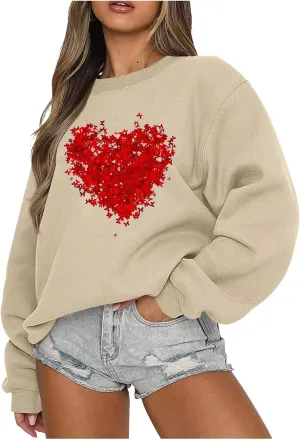 Sweatshirt for Women Trendy Oversized Love Heart Print Crewneck Casual Long Sleeve Sweater Fleece Fsashion Fall Tops