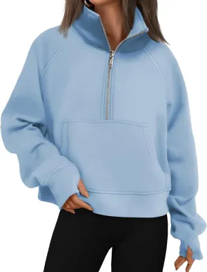 Sweatshirt for Womens Fall Fashion 2024 Half Zip Cropped Sweatshirt Pullover Fleece Quarter Zip Hoodie Thumb Hole