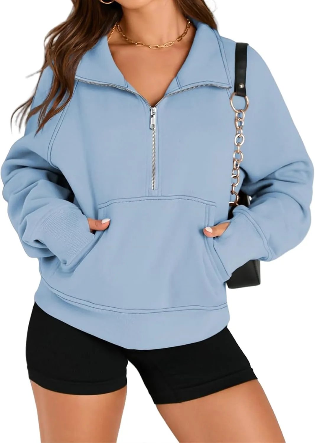 Sweatshirt for Womens Fall Fashion 2024 Half Zip Cropped Sweatshirt Pullover Fleece Quarter Zip Hoodie Thumb Hole