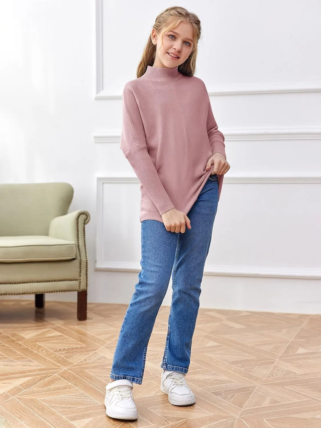 SySea Girls Pullover Sweaters Oversized Long Sleeve Turtleneck Knit Sweater Casual School Tops for 5-14 Years