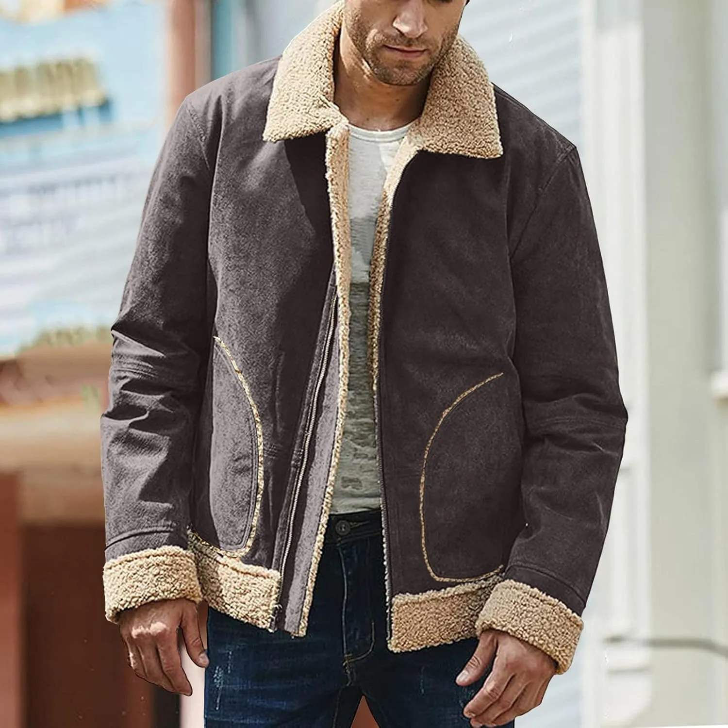 Thatrich Sherpa Lined Jacket Men Faux Suede Coats Warm Fleece Jackets Cozy Thicken Outwear Winter Trendy Coat Casual Overcoat