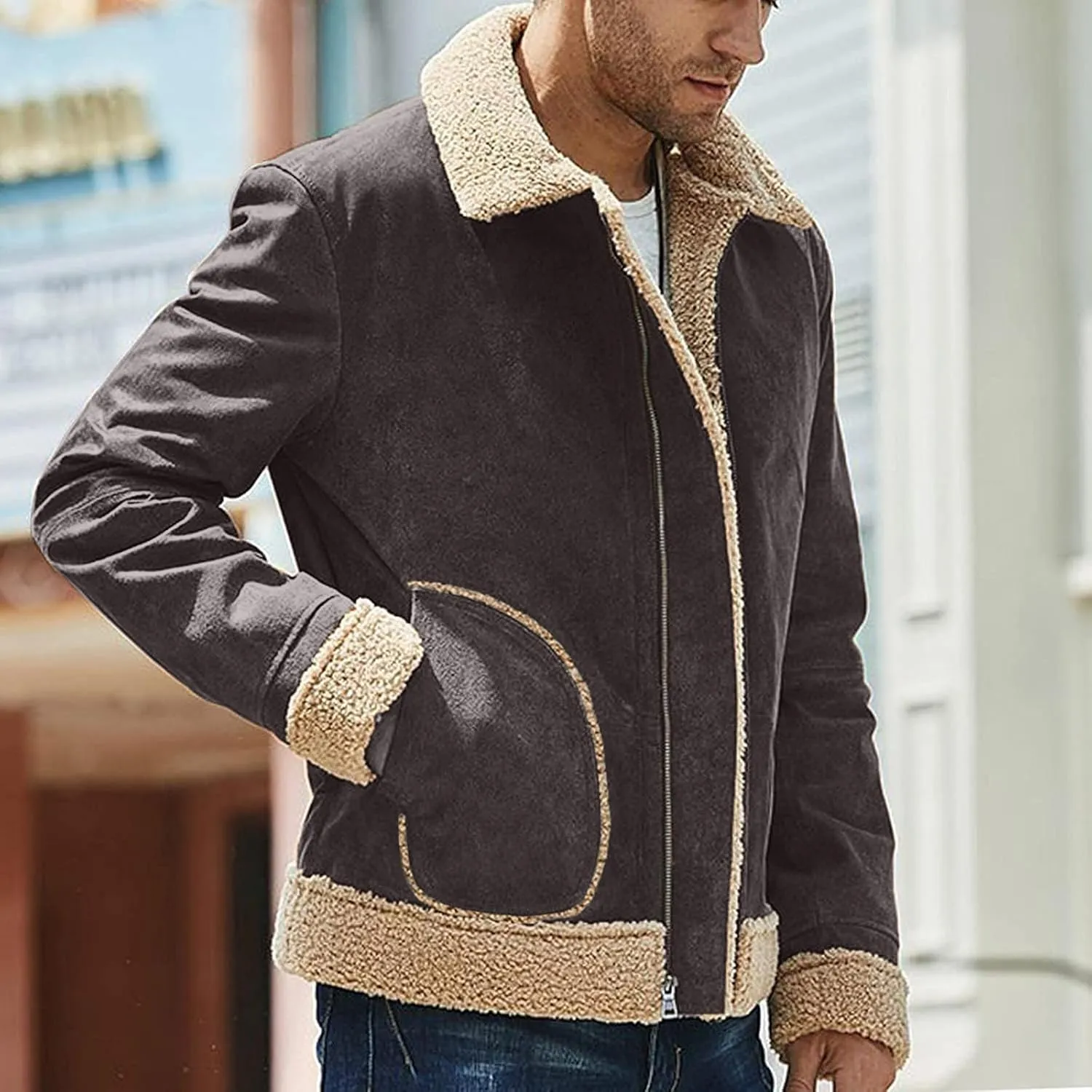 Thatrich Sherpa Lined Jacket Men Faux Suede Coats Warm Fleece Jackets Cozy Thicken Outwear Winter Trendy Coat Casual Overcoat