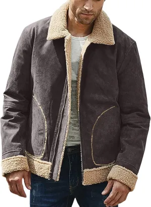 Thatrich Sherpa Lined Jacket Men Faux Suede Coats Warm Fleece Jackets Cozy Thicken Outwear Winter Trendy Coat Casual Overcoat