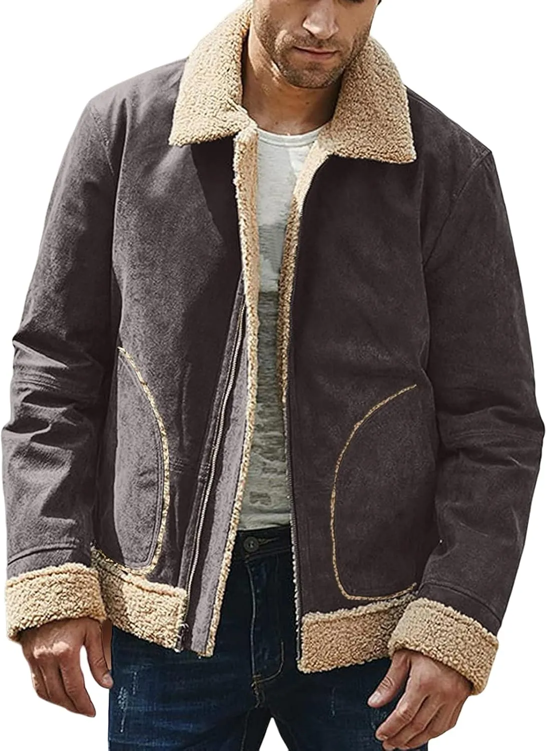 Thatrich Sherpa Lined Jacket Men Faux Suede Coats Warm Fleece Jackets Cozy Thicken Outwear Winter Trendy Coat Casual Overcoat