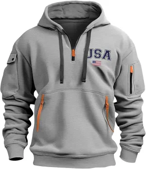 Today Deals Zip Up Hoodie Men'S Usa Embroidered Hoodie, Half-Zip Pullover With Pockets, Warm Fleece Sweatshirt, Casual Athletic Wear Big And Tall Hoodies For Men 01 Light Gray Large