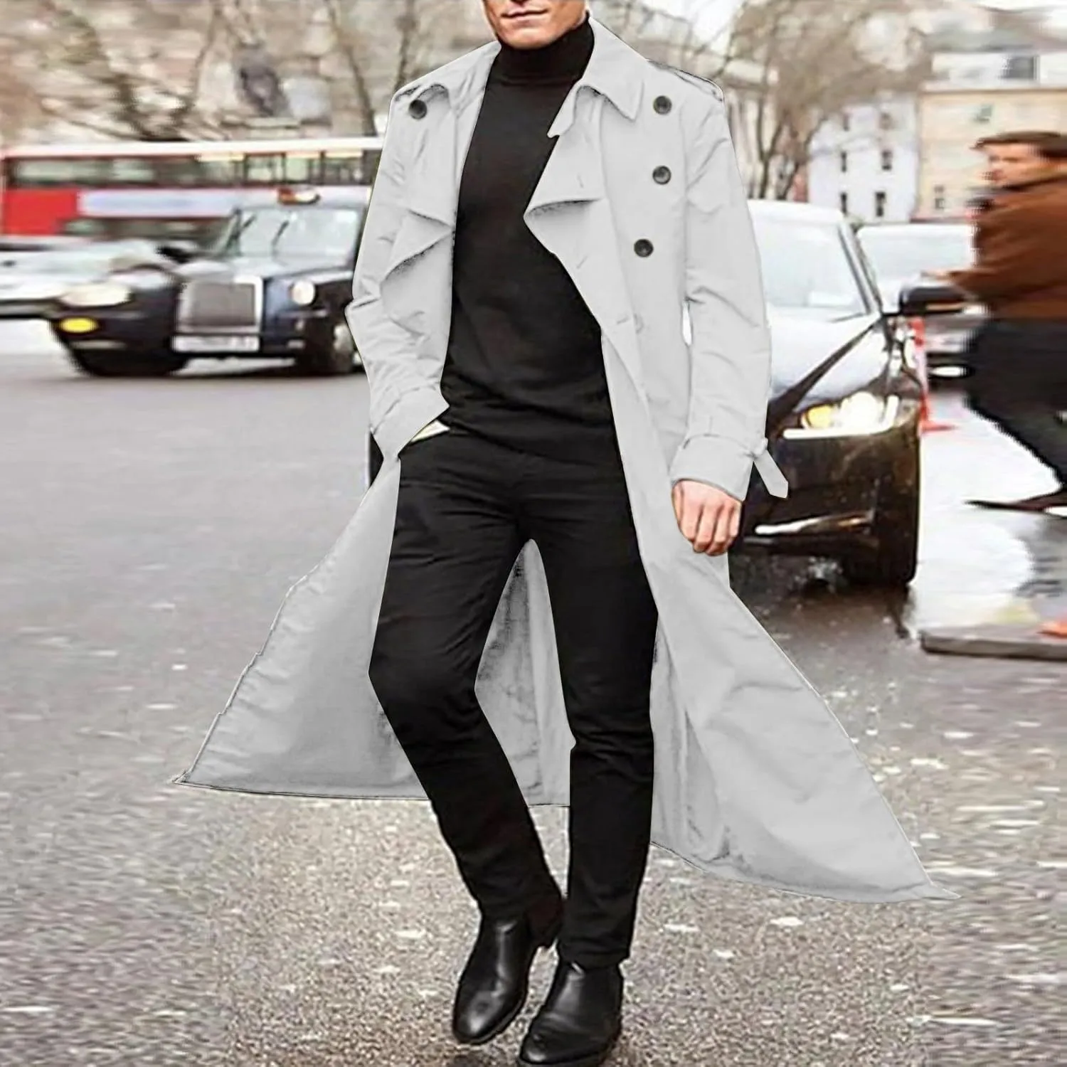 Trench Coat for Men Double Breasted Notched Lapel Men's Lengthened Casual Slim Fit Long Jacket Windbreaker Overcoats
