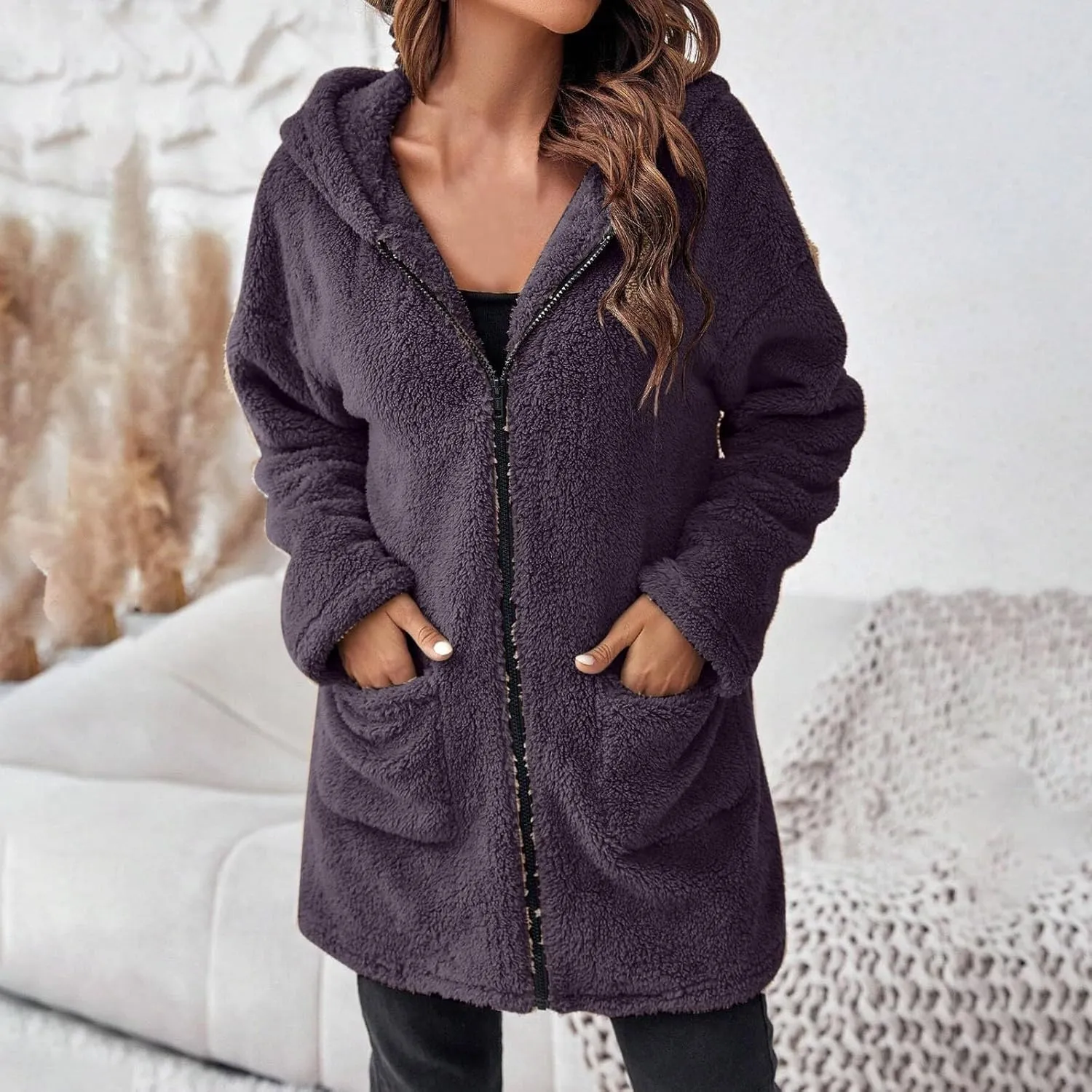 Trench Coat for Women 2024 Casual Long Sleeve Warm Fleece Jackets Hooded Cardigan Winter Coats Outerwear