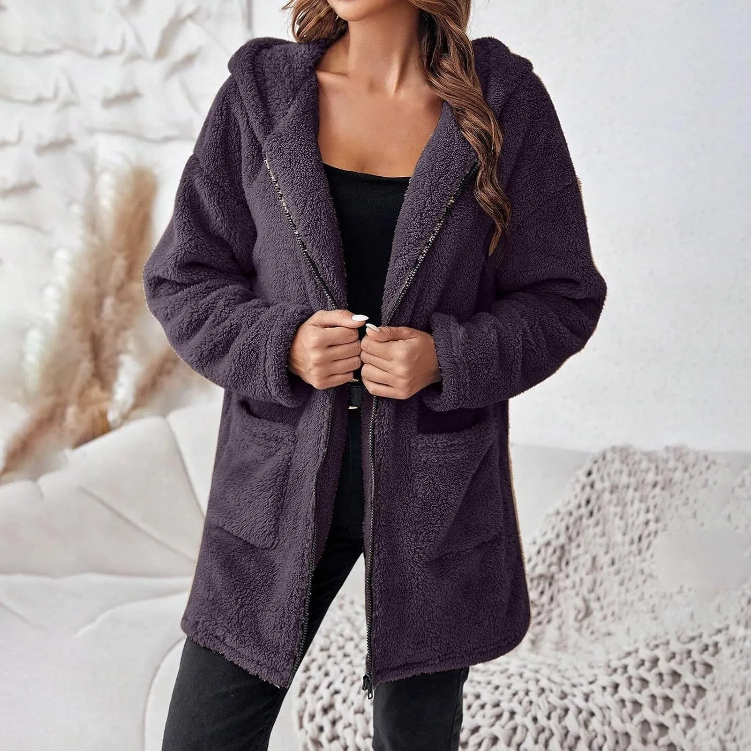 Trench Coat for Women 2024 Casual Long Sleeve Warm Fleece Jackets Hooded Cardigan Winter Coats Outerwear