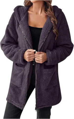 Trench Coat for Women 2024 Casual Long Sleeve Warm Fleece Jackets Hooded Cardigan Winter Coats Outerwear