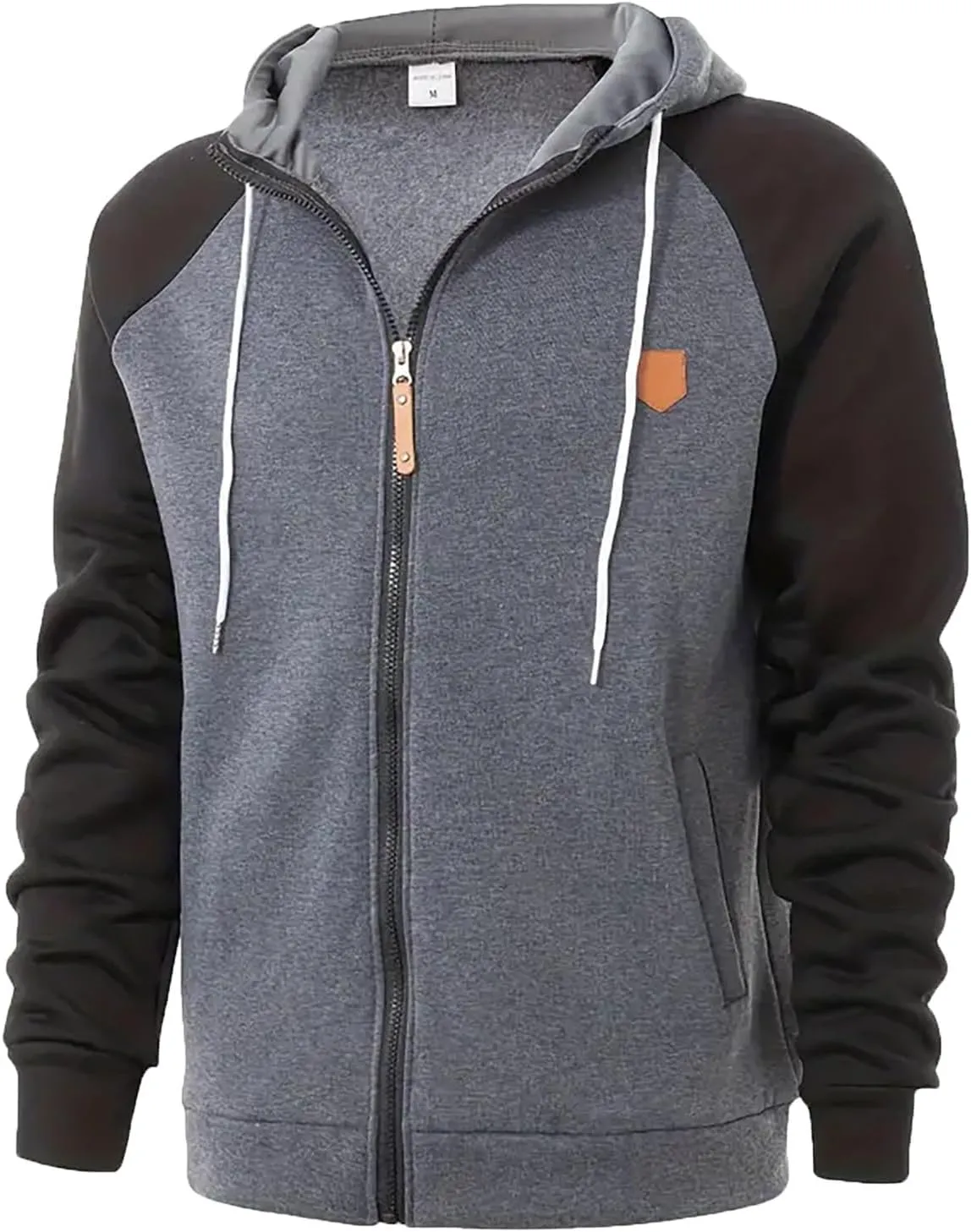 Trendy Athletic Hoodies Sweatshirt for Men Full Zip Patchwork Long Sleeve Drawstring Hooded Pullover Top with Pockets