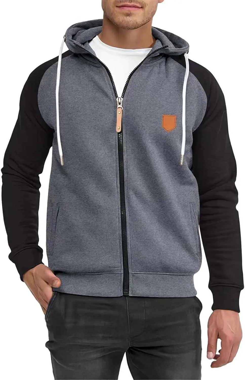Trendy Athletic Hoodies Sweatshirt for Men Full Zip Patchwork Long Sleeve Drawstring Hooded Pullover Top with Pockets