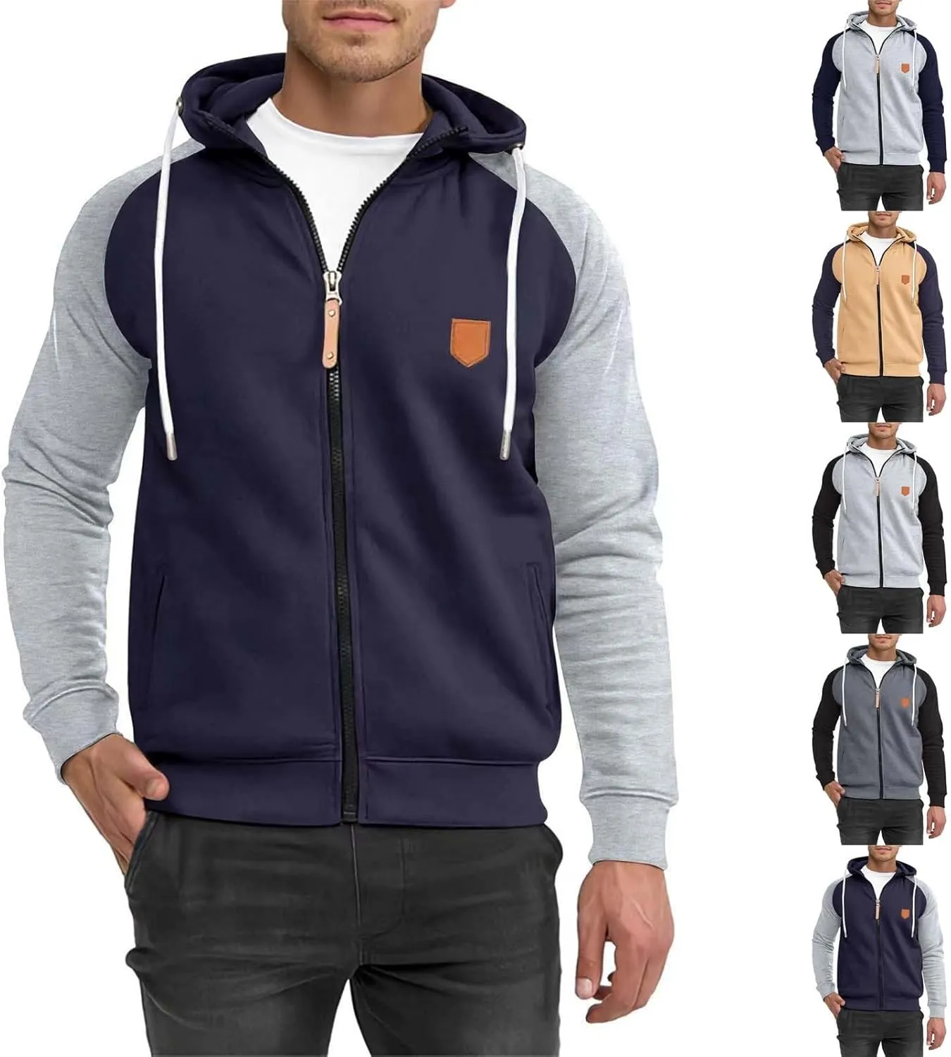 Trendy Athletic Hoodies Sweatshirt for Men Full Zip Patchwork Long Sleeve Drawstring Hooded Pullover Top with Pockets