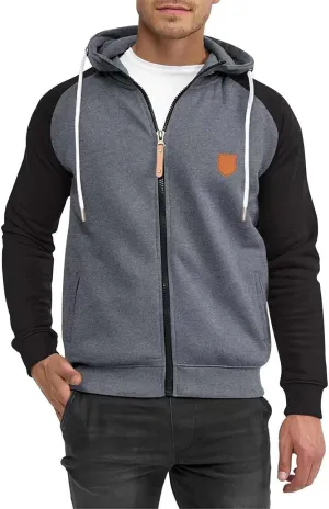 Trendy Athletic Hoodies Sweatshirt for Men Full Zip Patchwork Long Sleeve Drawstring Hooded Pullover Top with Pockets