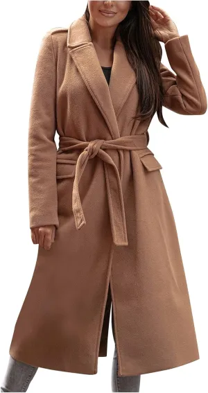 tuduoms Winter Coats Womens Maxi Long Trench Coat Vintage Wool Blend Wrap Coats Shawl Collar Warm Pea Coat Outwear Overcoat