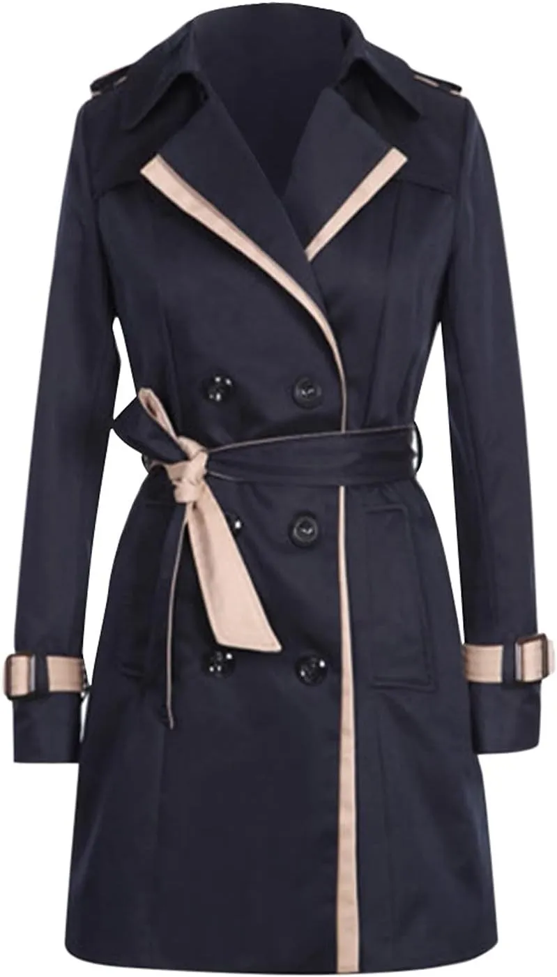 tuduoms Women's Double Breasted Trench Coat Elegant Pea Coat, Teen Girls Notched Collar A-Line Long Trench Coats Dress Coat