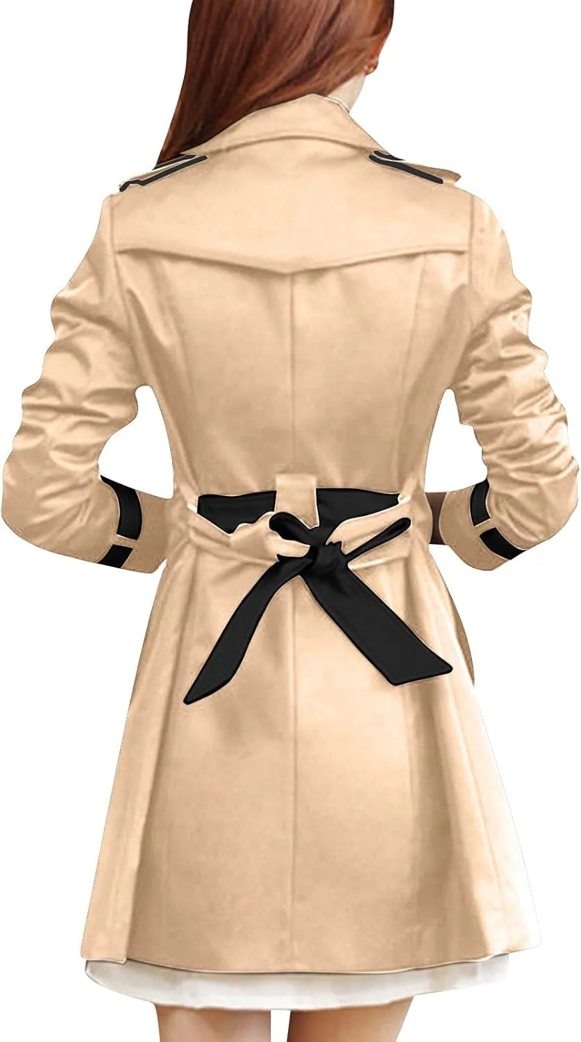 tuduoms Women's Double Breasted Trench Coat Elegant Pea Coat, Teen Girls Notched Collar A-Line Long Trench Coats Dress Coat