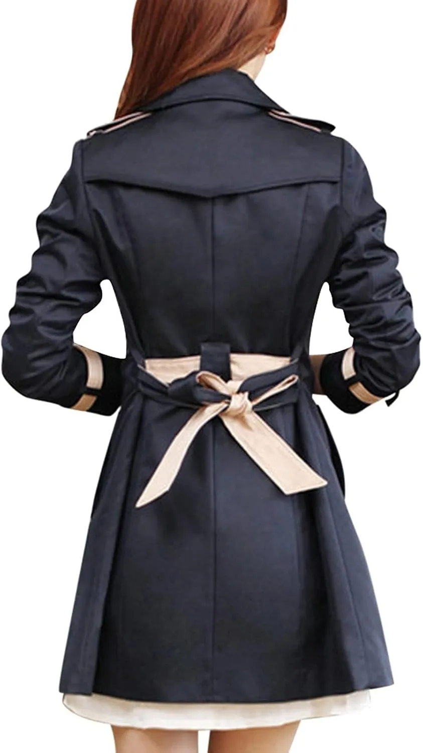 tuduoms Women's Double Breasted Trench Coat Elegant Pea Coat, Teen Girls Notched Collar A-Line Long Trench Coats Dress Coat
