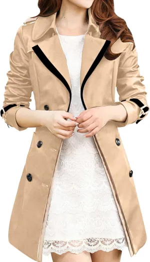 tuduoms Women's Double Breasted Trench Coat Elegant Pea Coat, Teen Girls Notched Collar A-Line Long Trench Coats Dress Coat