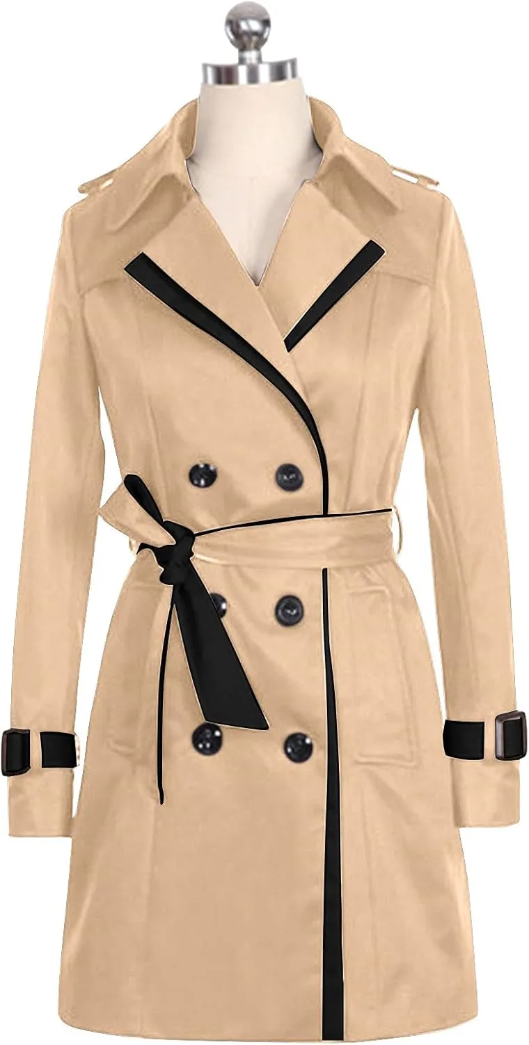 tuduoms Women's Double Breasted Trench Coat Elegant Pea Coat, Teen Girls Notched Collar A-Line Long Trench Coats Dress Coat