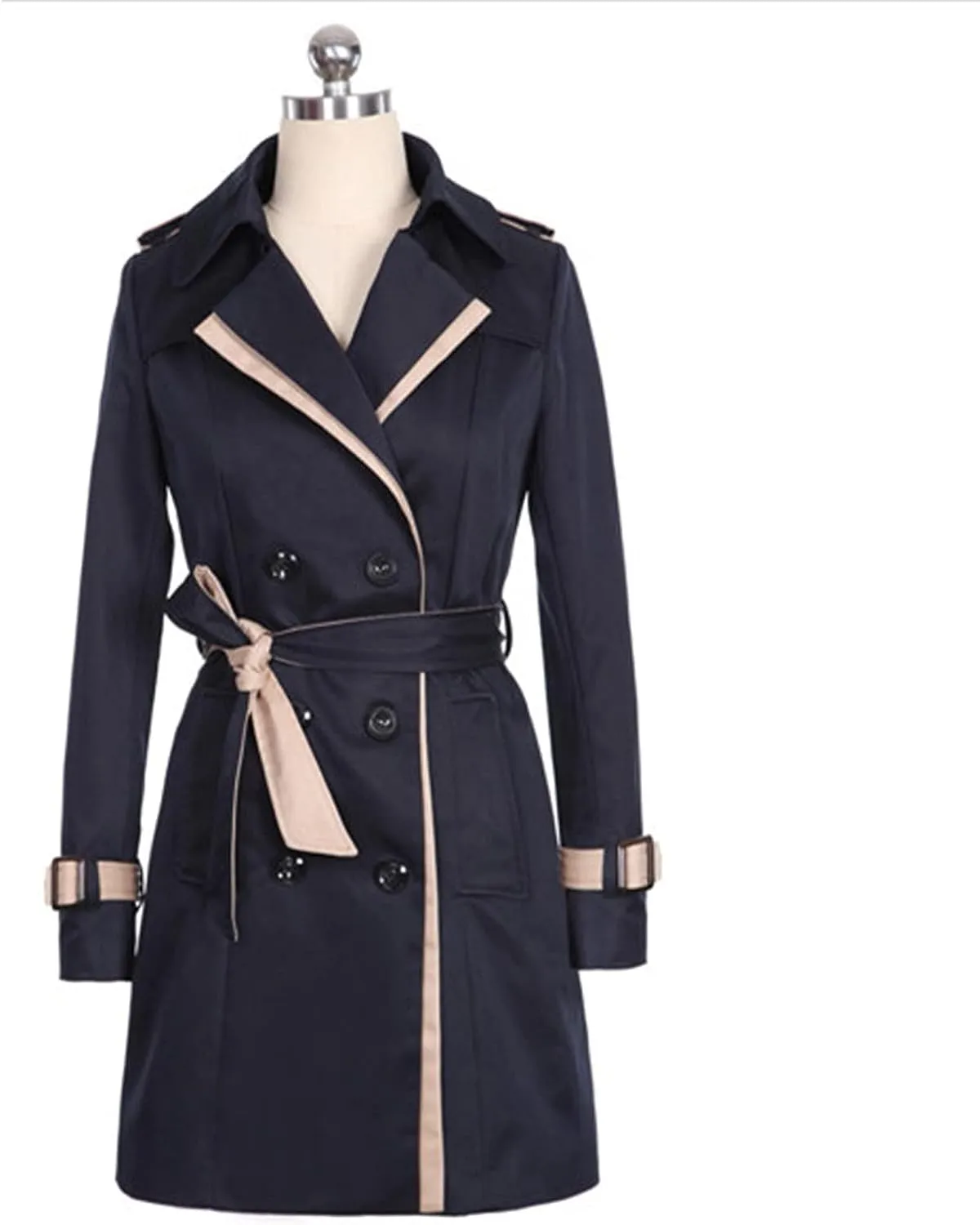 tuduoms Women's Double Breasted Trench Coat Elegant Pea Coat, Teen Girls Notched Collar A-Line Long Trench Coats Dress Coat