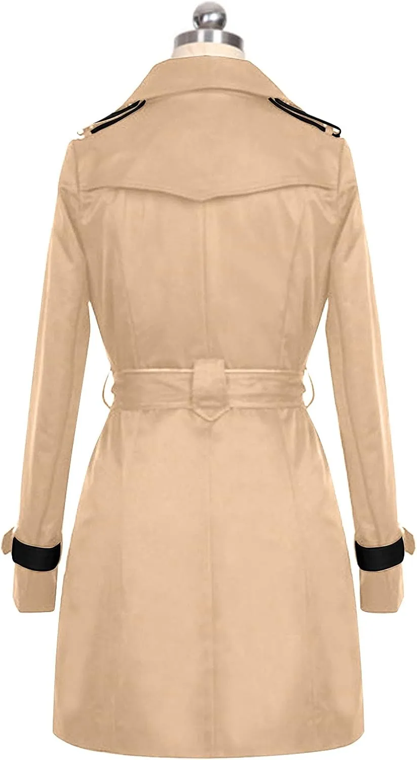 tuduoms Women's Double Breasted Trench Coat Elegant Pea Coat, Teen Girls Notched Collar A-Line Long Trench Coats Dress Coat