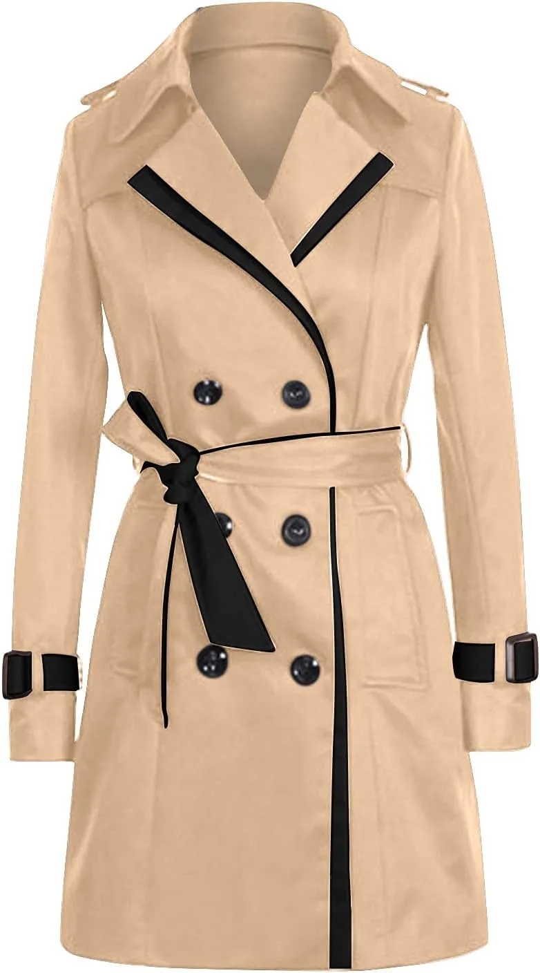 tuduoms Women's Double Breasted Trench Coat Elegant Pea Coat, Teen Girls Notched Collar A-Line Long Trench Coats Dress Coat