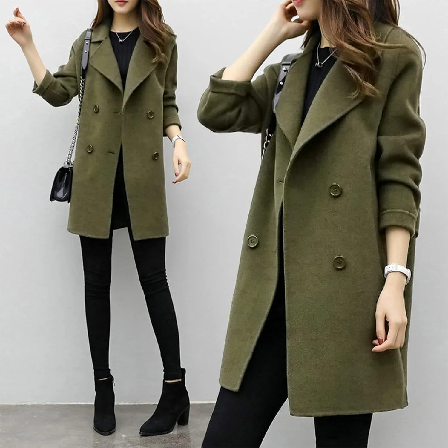 tuduoms Women's Notched Lapel Collar Double Breasted Pea Coat Ladies Winter Wool Blend Trench Coats Slim Long Blazer Jackets