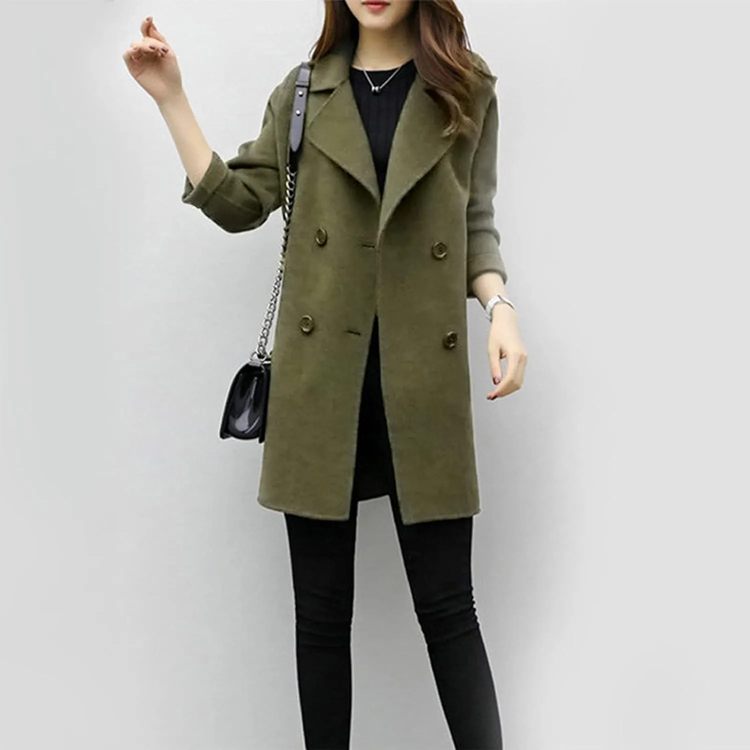 tuduoms Women's Notched Lapel Collar Double Breasted Pea Coat Ladies Winter Wool Blend Trench Coats Slim Long Blazer Jackets