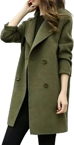 tuduoms Women's Notched Lapel Collar Double Breasted Pea Coat Ladies Winter Wool Blend Trench Coats Slim Long Blazer Jackets