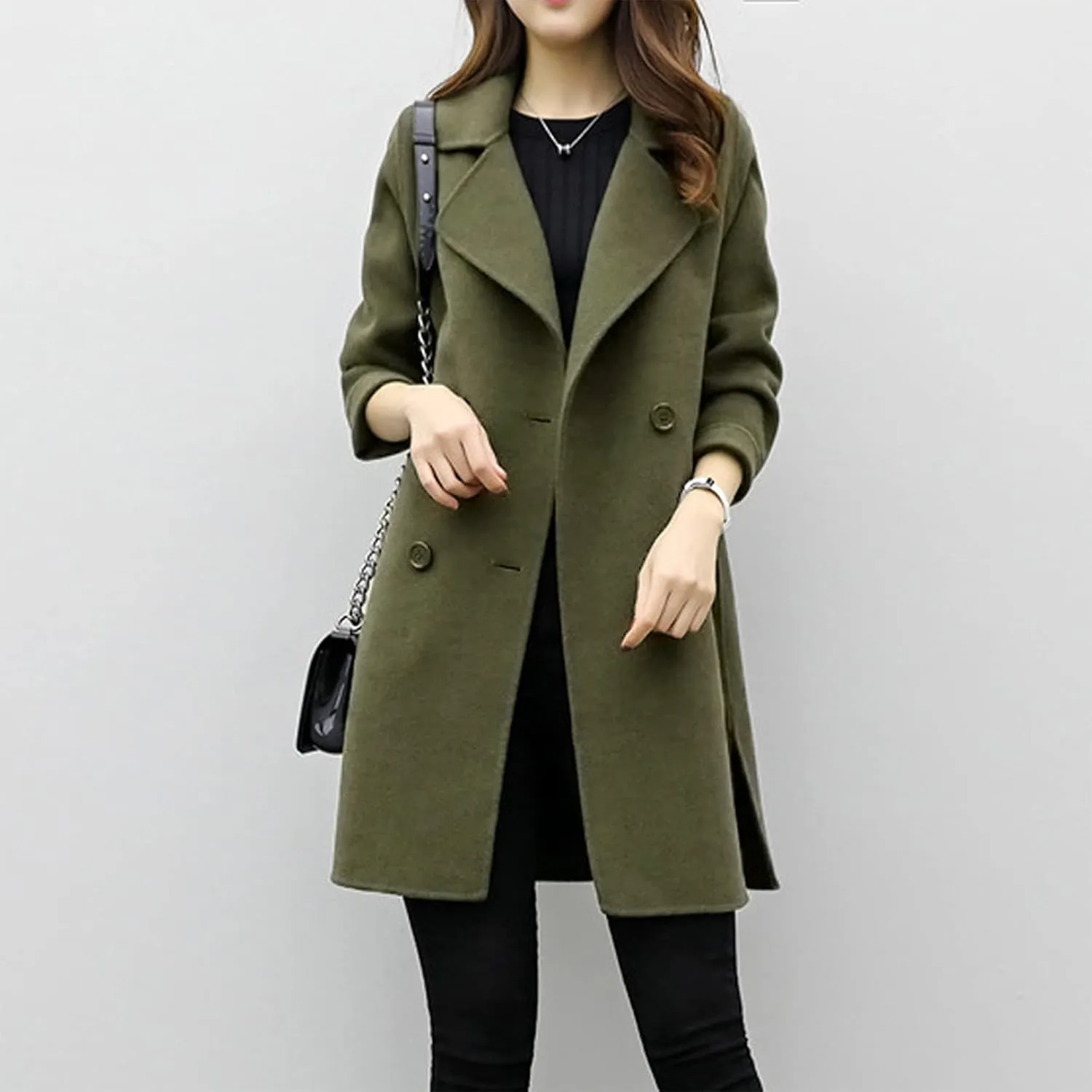 tuduoms Women's Notched Lapel Collar Double Breasted Pea Coat Ladies Winter Wool Blend Trench Coats Slim Long Blazer Jackets